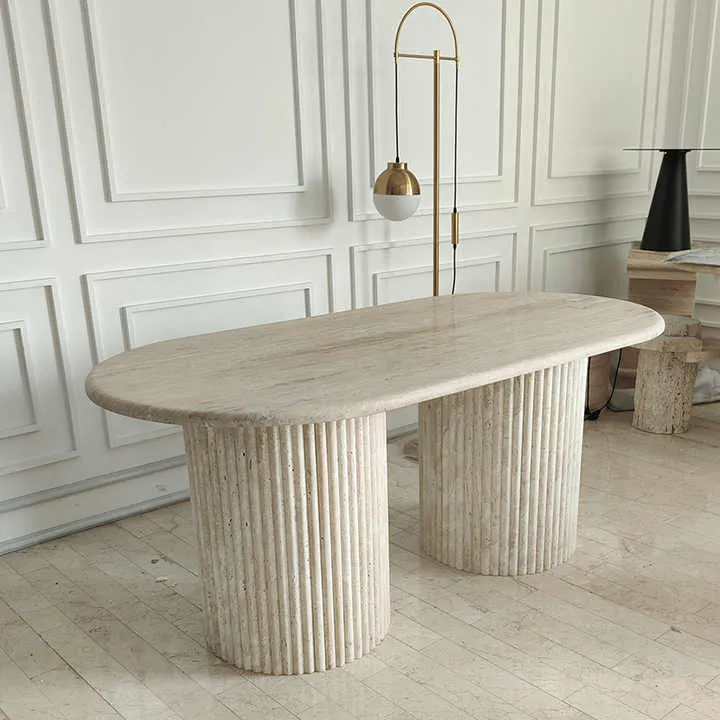 طاولة طعام أثاث من الحجر الطبيعHZX Customizable Fluted Oval Marble Travertine Dining Table