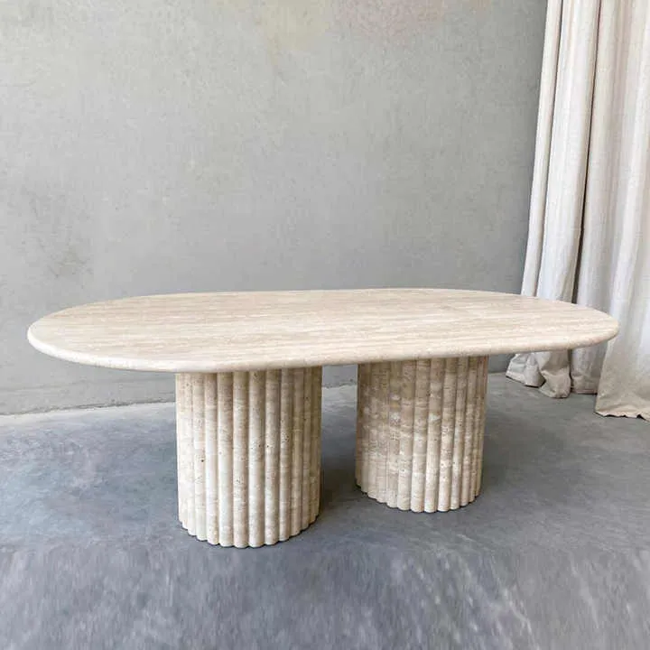 طاولة طعام أثاث من الحجر الطبيعHZX Customizable Fluted Oval Marble Travertine Dining Table