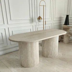 طاولة طعام أثاث من الحجر الطبيعHZX Customizable Fluted Oval Marble Travertine Dining Table