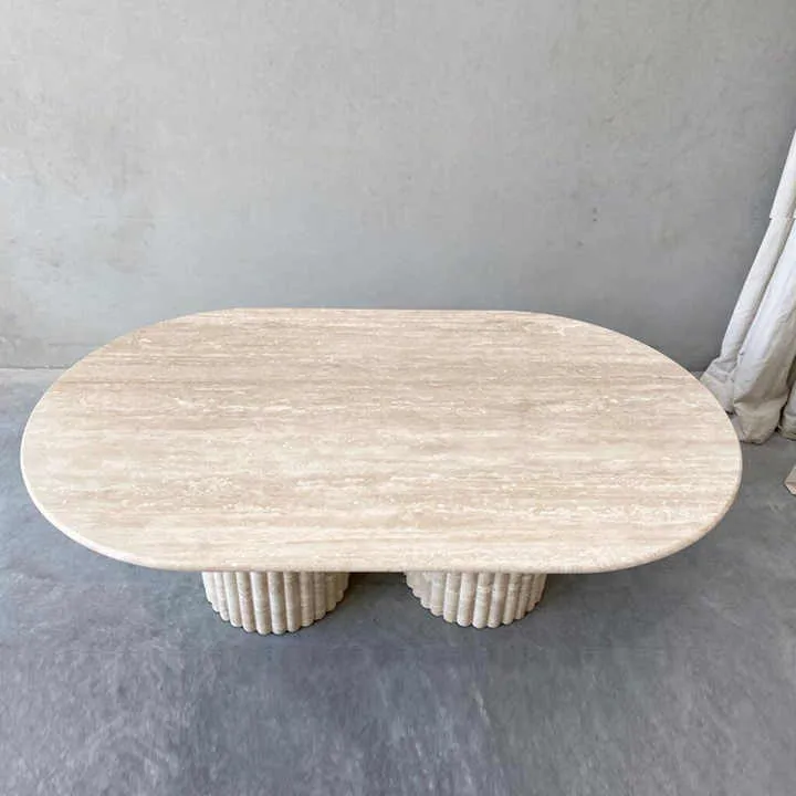 طاولة طعام أثاث من الحجر الطبيعHZX Customizable Fluted Oval Marble Travertine Dining Table