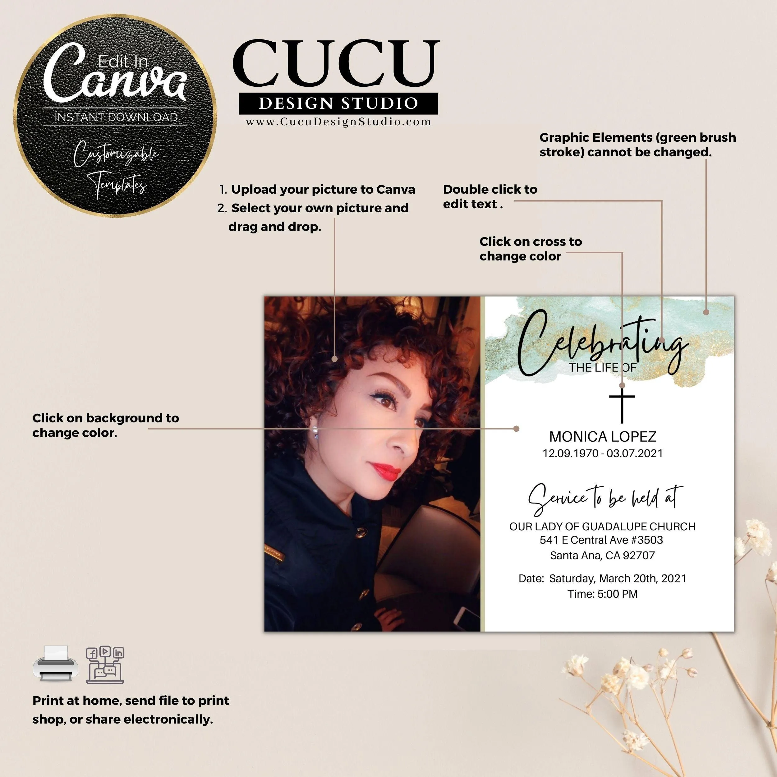 Customizable Printable Funeral Announcement Card Template