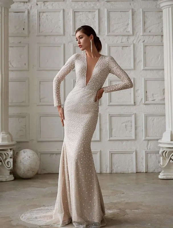 Hadleigh Elegant V-Neck Long Sleeves White Wedding Dress