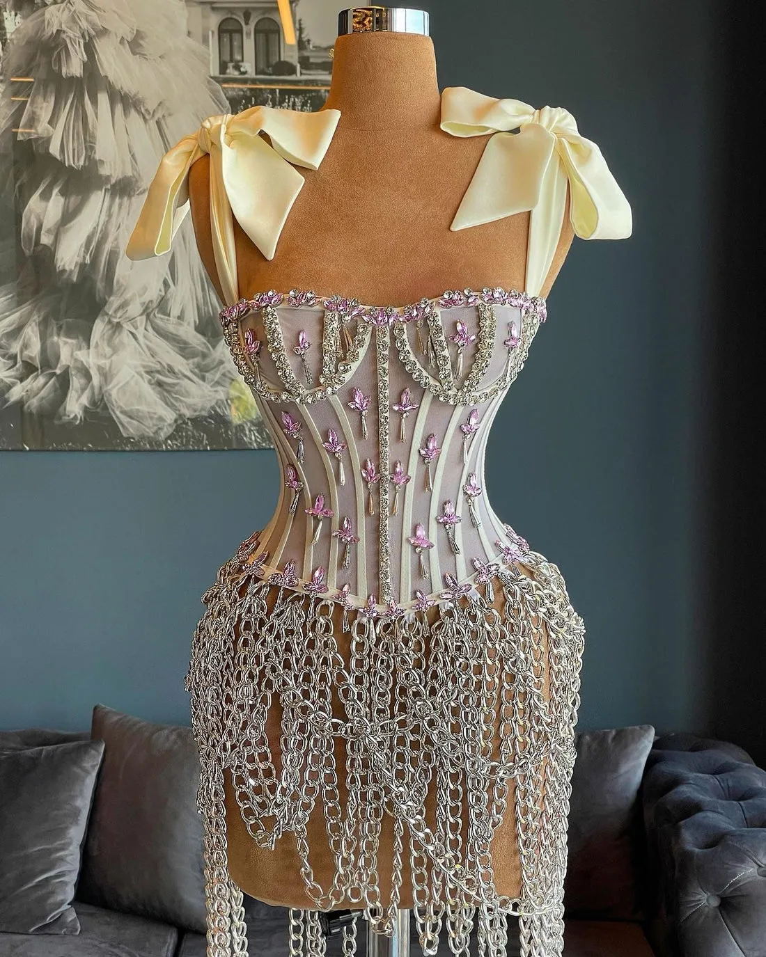 Kyleigh White with Silver Chain Beautiful Evening Dress