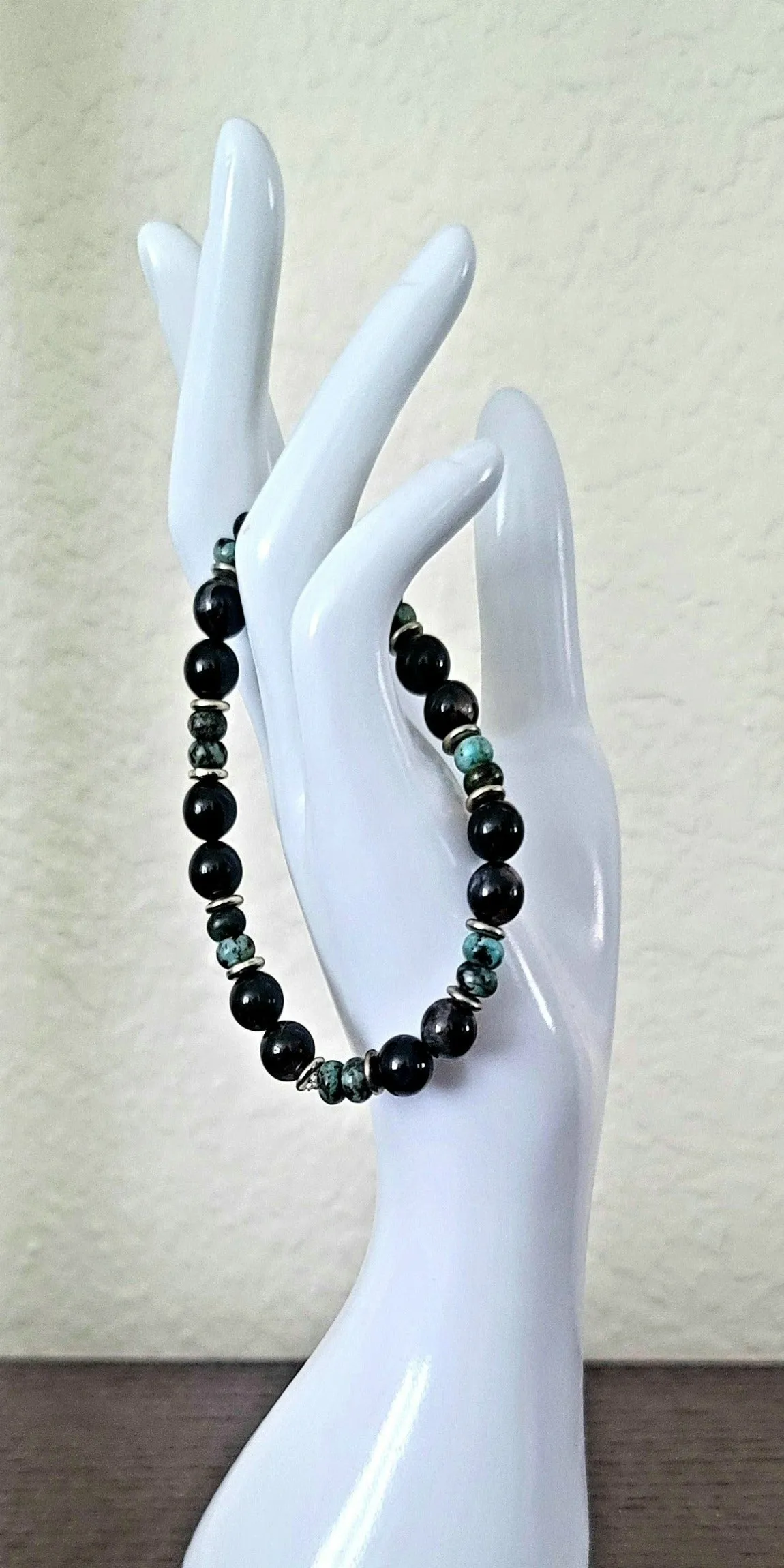 Snowflake Obsidian, Black Tourmaline & African Turquoise Bracelet