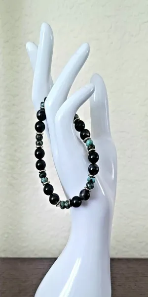 Snowflake Obsidian, Black Tourmaline & African Turquoise Bracelet