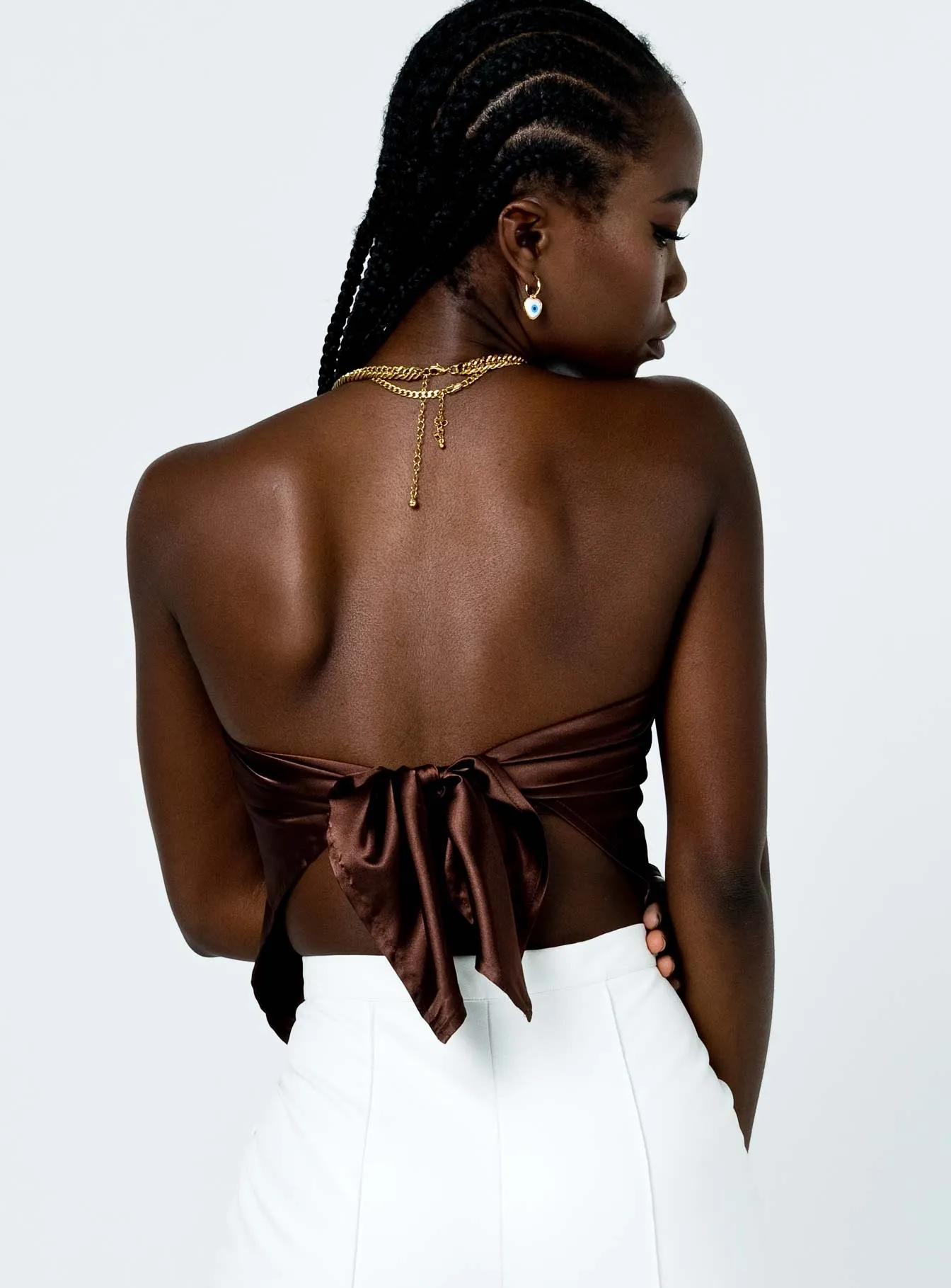 STRAPLESS BANDANA SILKY TOP - COFFEE