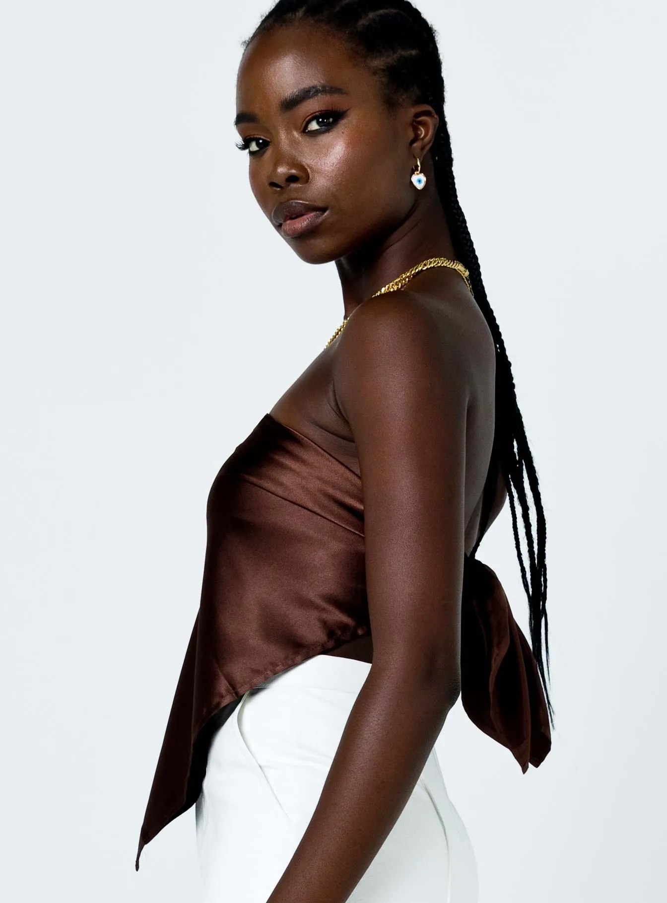 STRAPLESS BANDANA SILKY TOP - COFFEE